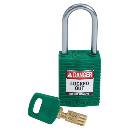 BRADY Compact SafeKey Key Retaining Nylon Padlock 1.5 in Aluminum Shackle KD Green 1PK CPT-GRN-38AL-KD